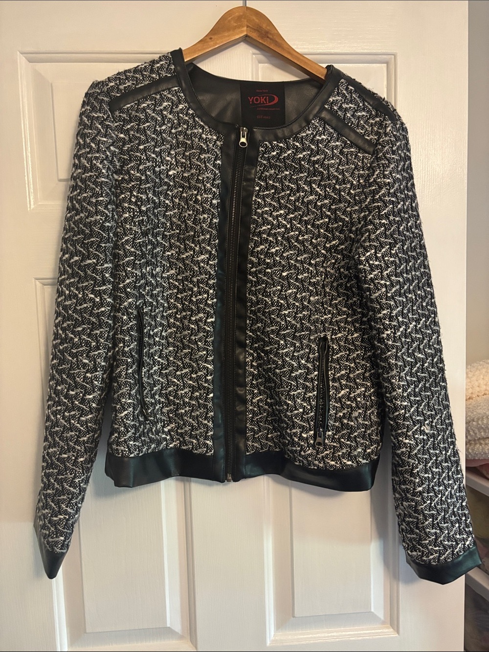 YOKI New York Houndstooth crop moto jacket with faux Leather Trim Zipper XL